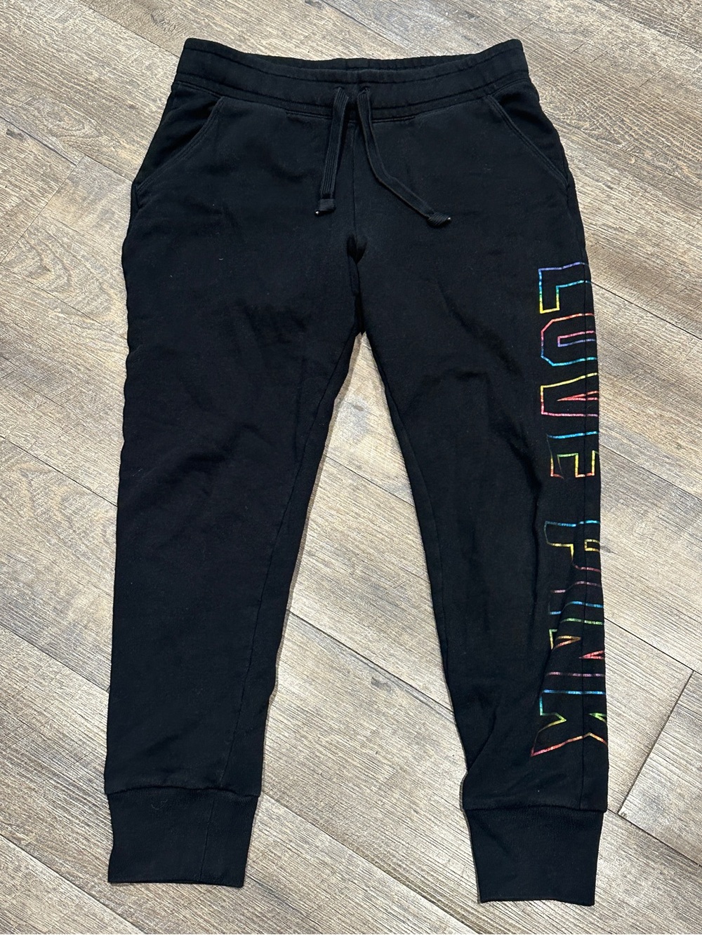 PINK Victoria’s Secret Black and Rainbow Joggers Medium